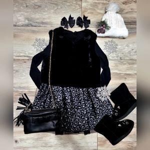 Beautiful cheetah print black & Grey dress with matching fur vest set